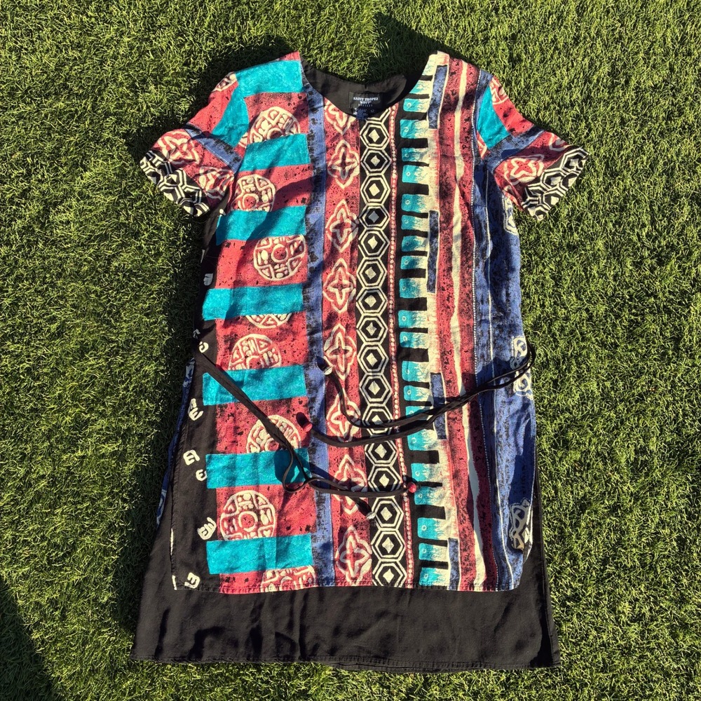 Saint Tropez West Womens Size 12 Mixed Print Geometric Shift Dress Short Sleeve